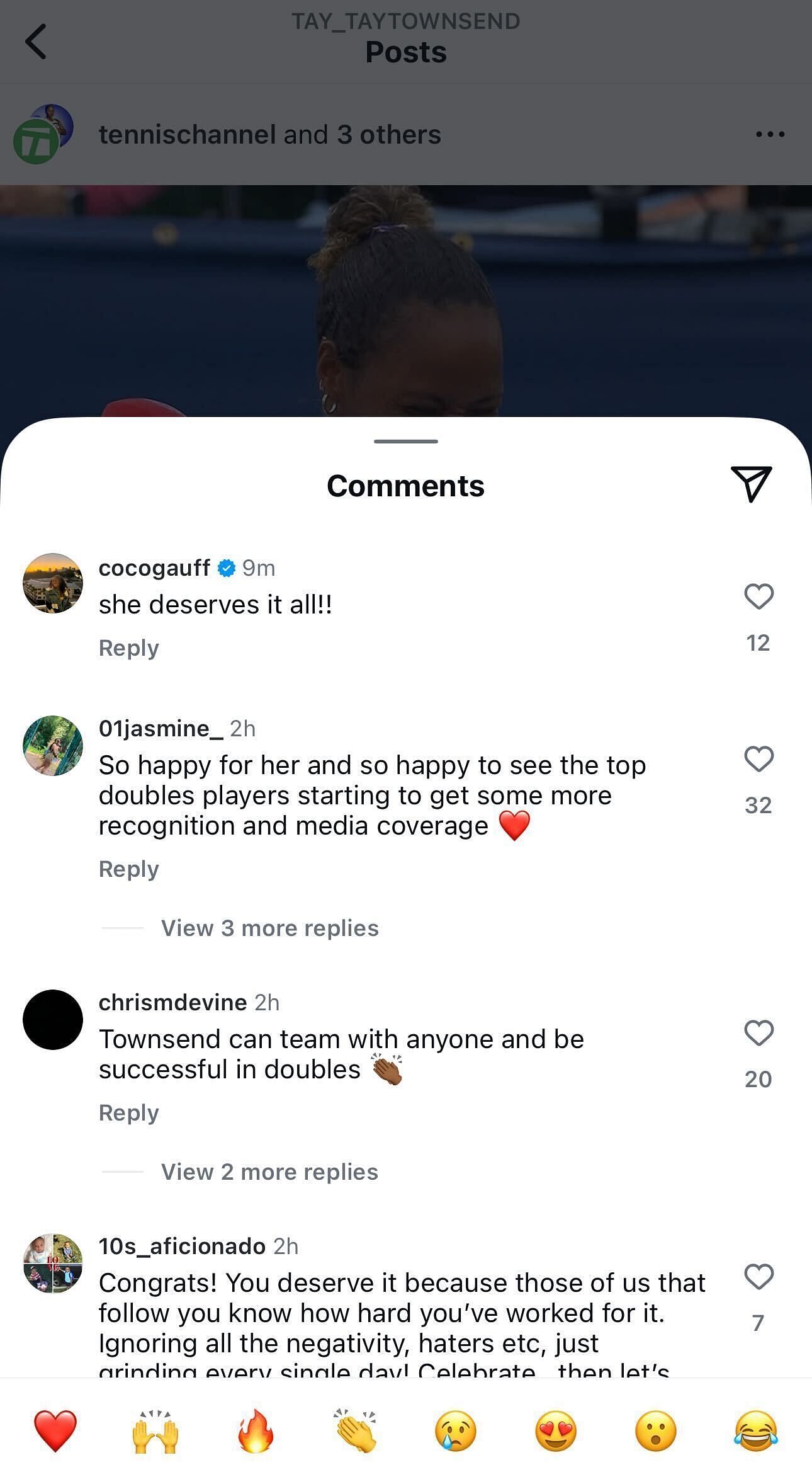 Gauff&#039;s comment on Tennis Channel&#039;s Instagram post celebrating Townsend&#039;s women&#039;s doubles title triumph at the 2025 Mubadala Citi DC Open (Source: Instagram/tennischannel)