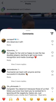 Gauff's comment on Tennis Channel's Instagram post celebrating Townsend's women's doubles title triumph at the 2025 Mubadala Citi DC Open (Source: Instagram/tennischannel)