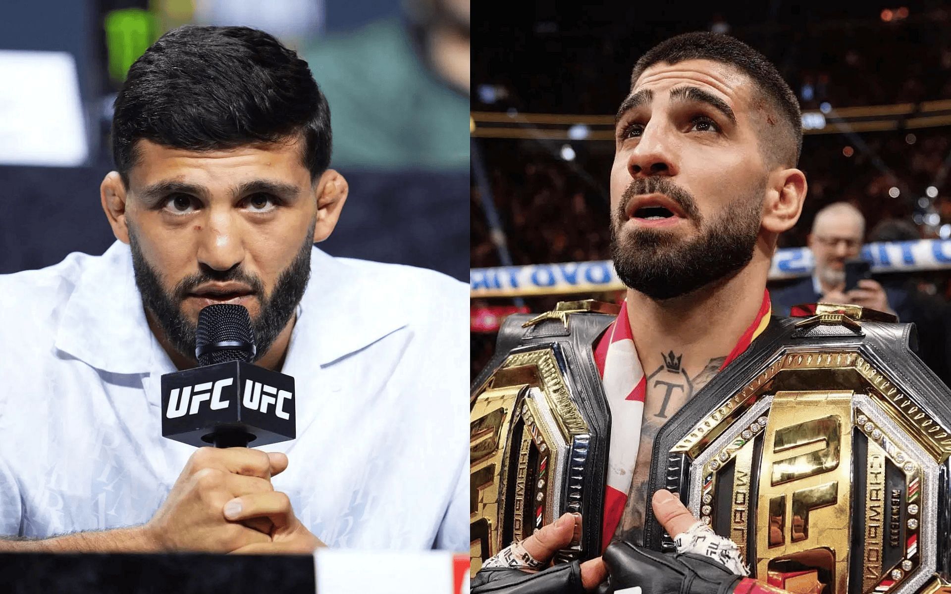 Arman Tsarukyan (left) lashes out at Ilia Topuria (right). [Images courtesy: Getty]