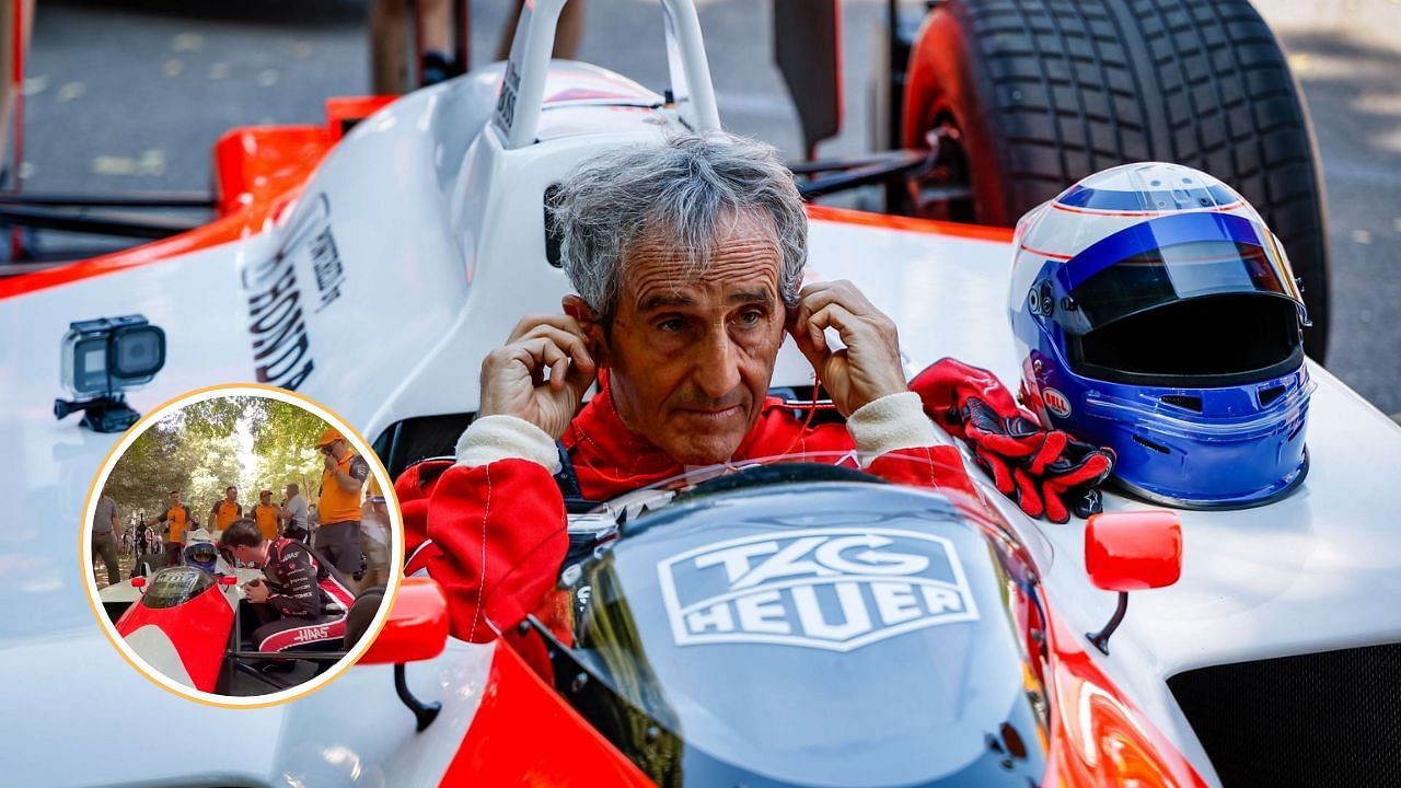 Ollie Bearman having a chat with Alain Prost at the Goodwood Festival of Speed. [Image via Getty] [Inset via Instagram/@driversseatwithabs]