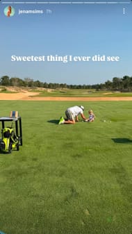 Jena Sims shared a heartwarming moment of Brooks Koepka playing with their son Crew on the golf course (via @jenasims)