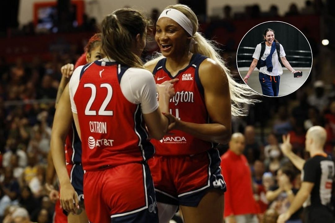 Washington Mystics rookie Sonia Citron and Kiki Iriafen celebrate a basket during a WNBA game, Georgia Amoore smiles while arriving to the arena before a Mystics game  