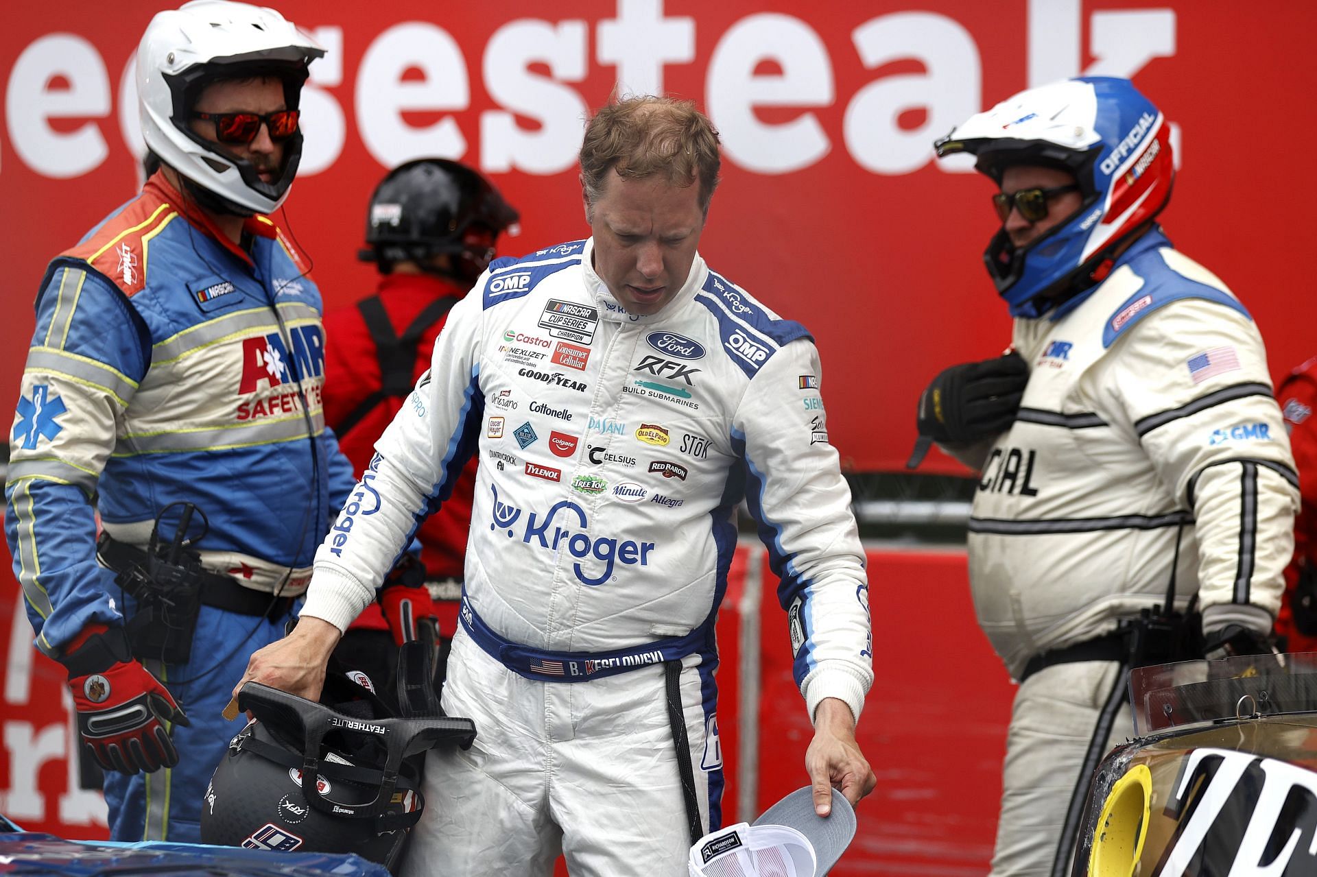 Brad Keselowski reacts as his Chicago race ends prematurely after wreck