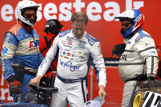 Brad Keselowski reacts as his Chicago race ends prematurely after wreck