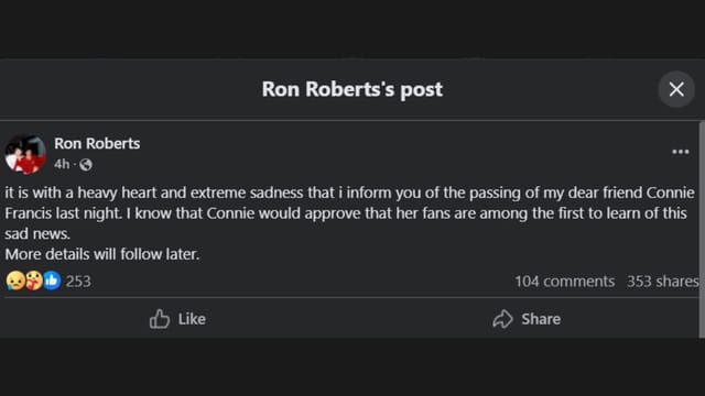 Ron Roberts announces Connie Francis' death (image via Facebook)