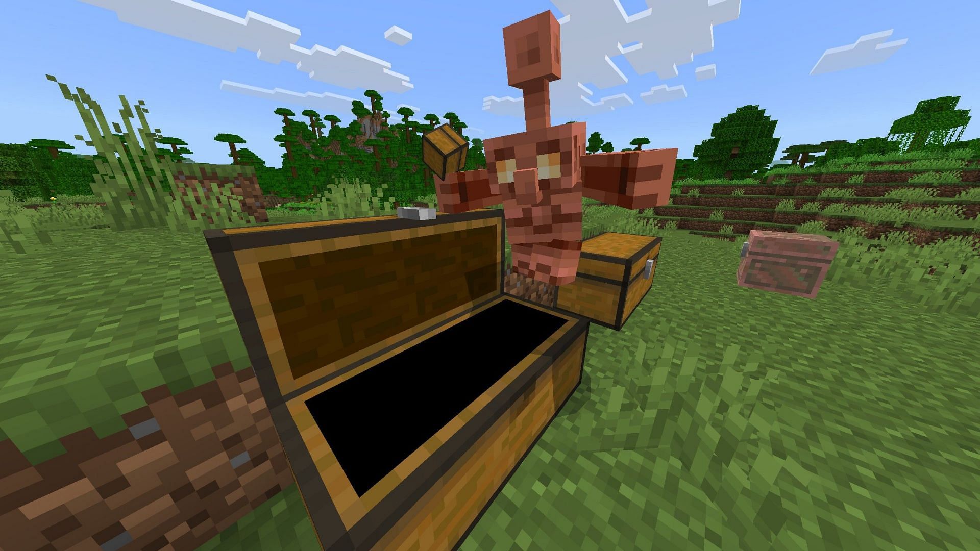 Copper golem opening a regular chest and finding the item that matches the one in its hand (Image via Sportskeeda Gaming || Mojang Studios)