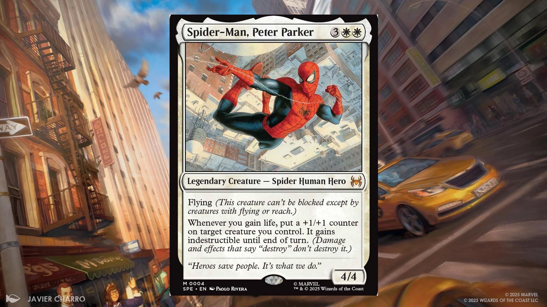 Peter Parker is the star of the White deck, showing that with Great Power, comes Great Responsibility (Image via Wizards of the Coast)