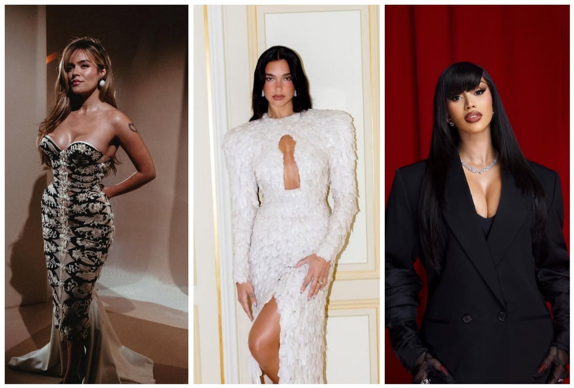 Karol G, Dua Lipa, and Cardi B were at the Schiaparelli fashion show, (Photos via Instagram/@karolg, @dualipa, and @iamcardib)