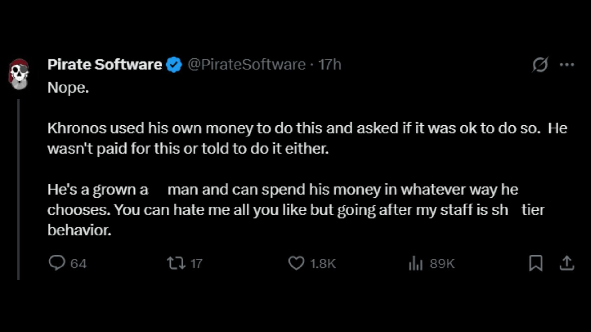 Pirate Software&#039;s initial response to the allegations (Image via PirateSoftware/X)