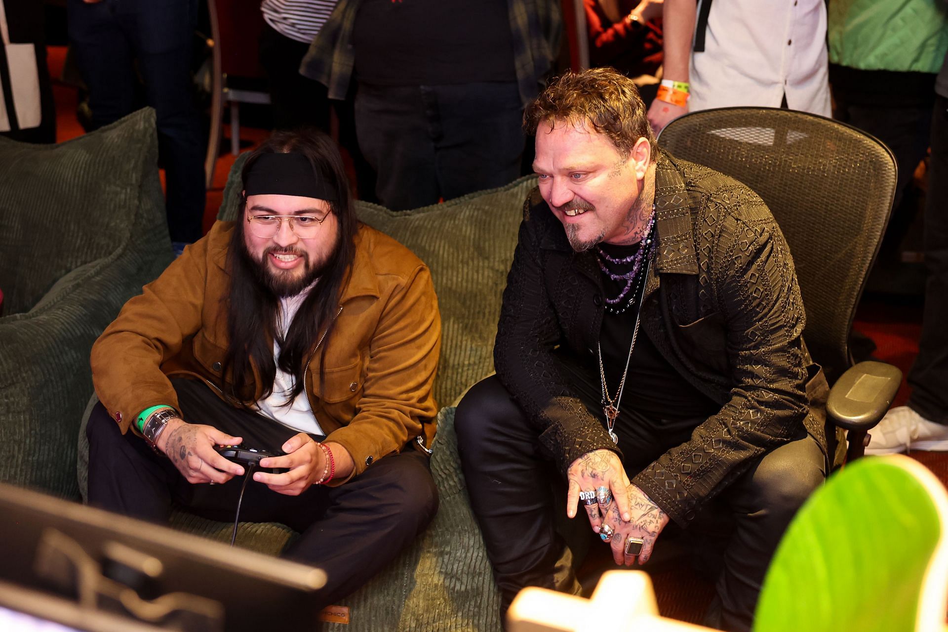 Bam Margera (R) plays Tony Hawk&rsquo;s Pro Skater 3 + 4 during the video game&#039;s celebration event at at El Rey Theatre on May 08, 2025 in Los Angeles, California. (Photo by Randy Shropshire/Getty Images for Activision)