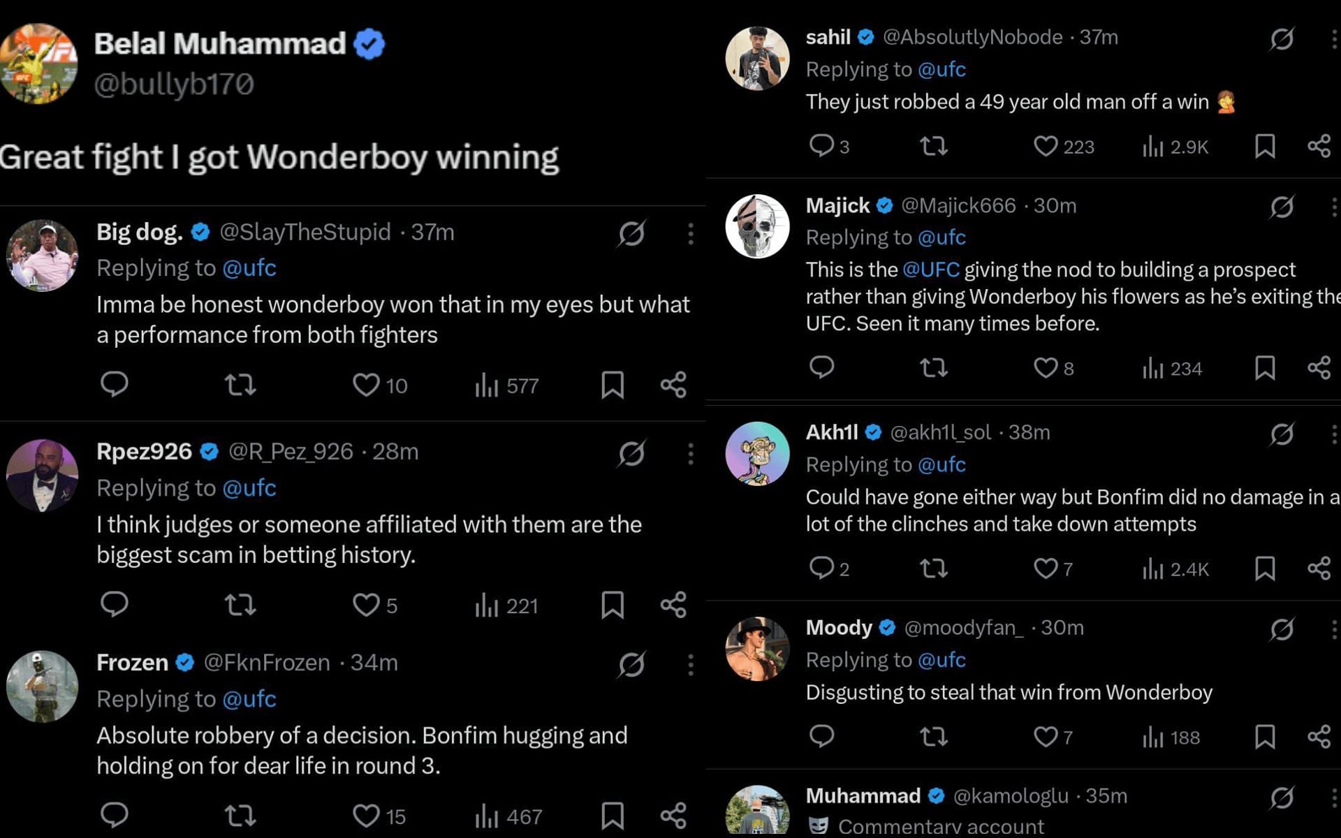 Fans&#039; reaction to Stephen Thompson&#039;s defeat against Gabriel Bonfim. [Screenshots courtesy: @ufc on X]