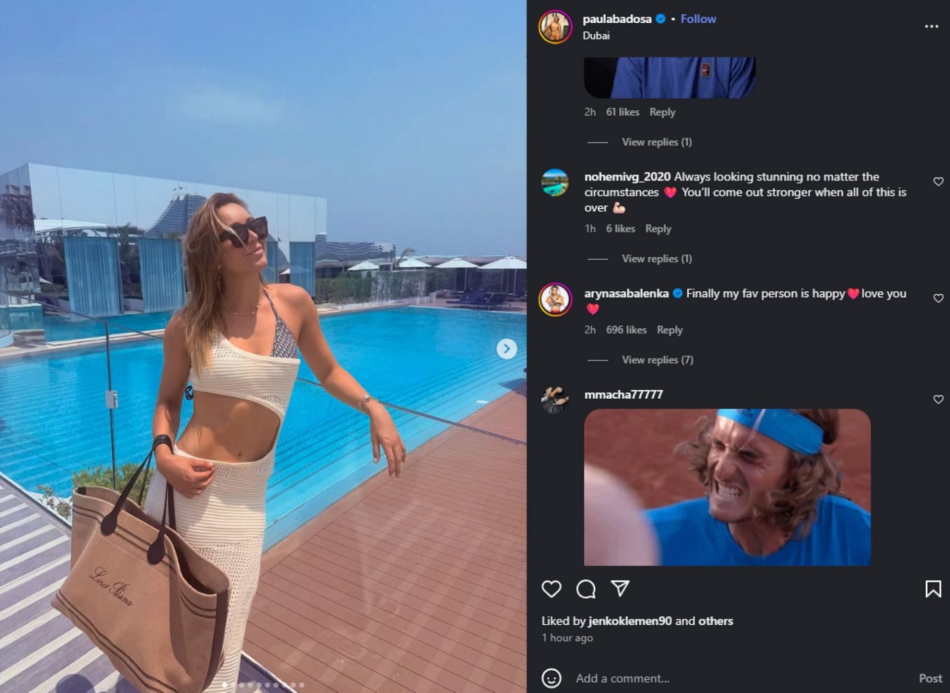 Sabalenka reacts to Paula&#039;s post; Instagram - @paulabadosa