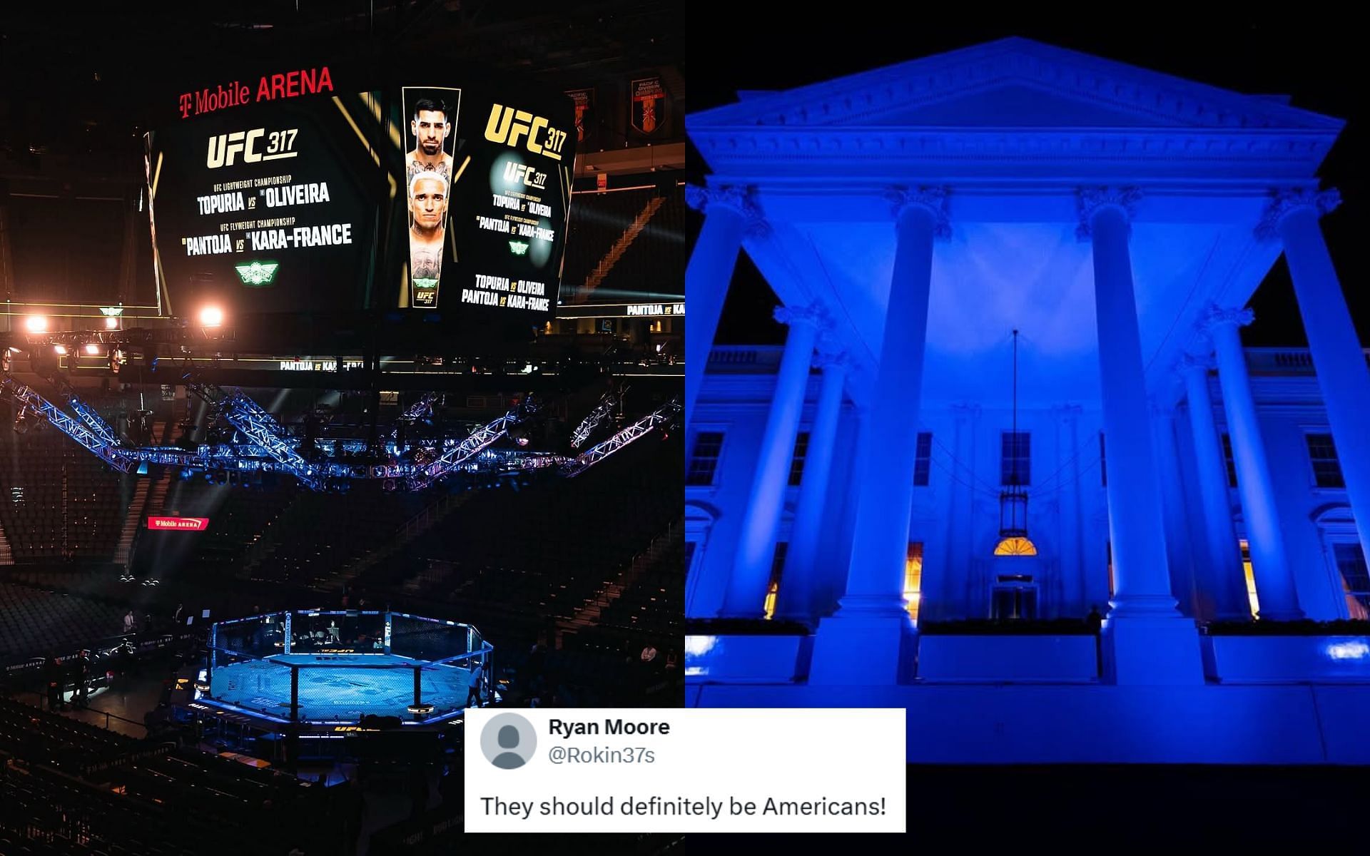Fans react to the list of fighters who can walk into the UFC octagon (left) in the White House (right) main event. [Images courtesy: @ufc and @flotus on Instagram]