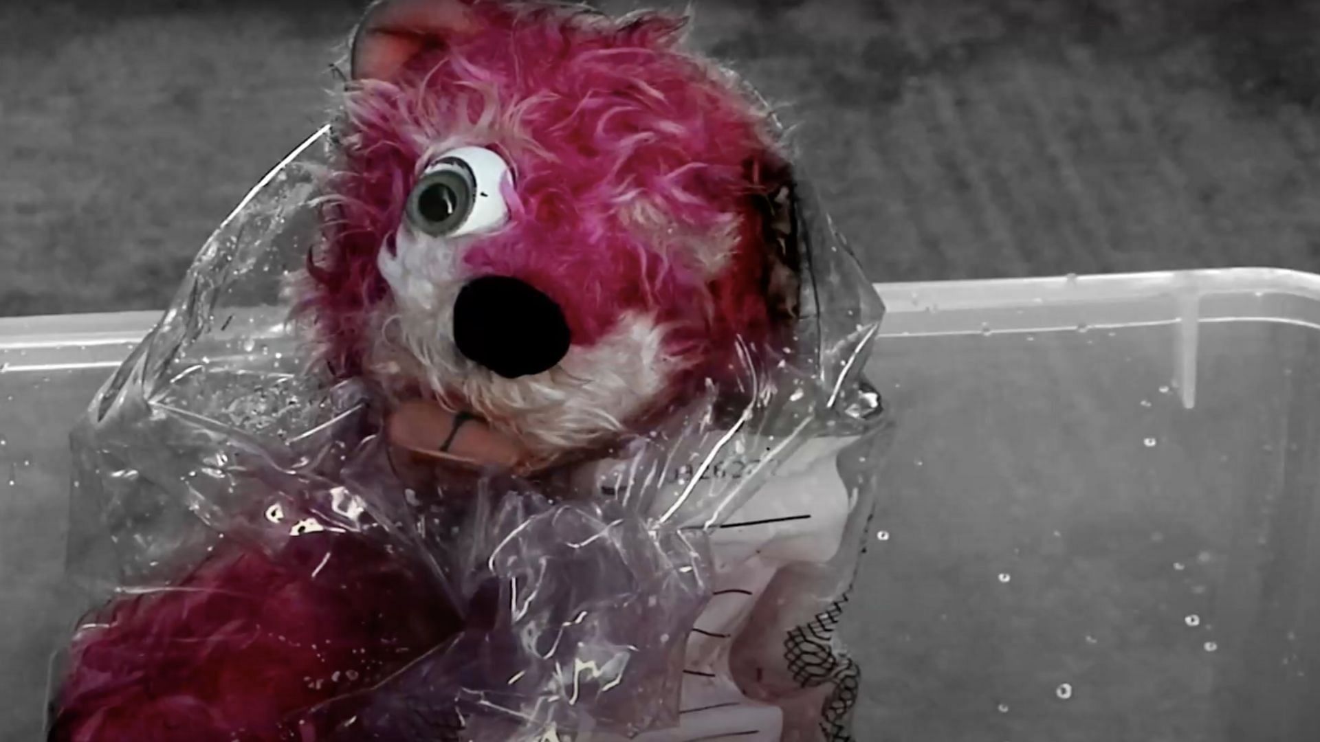 The pink teddy bear in a black and white setting (Image via YouTube/Breaking Bad &amp; Better Call Saul)
