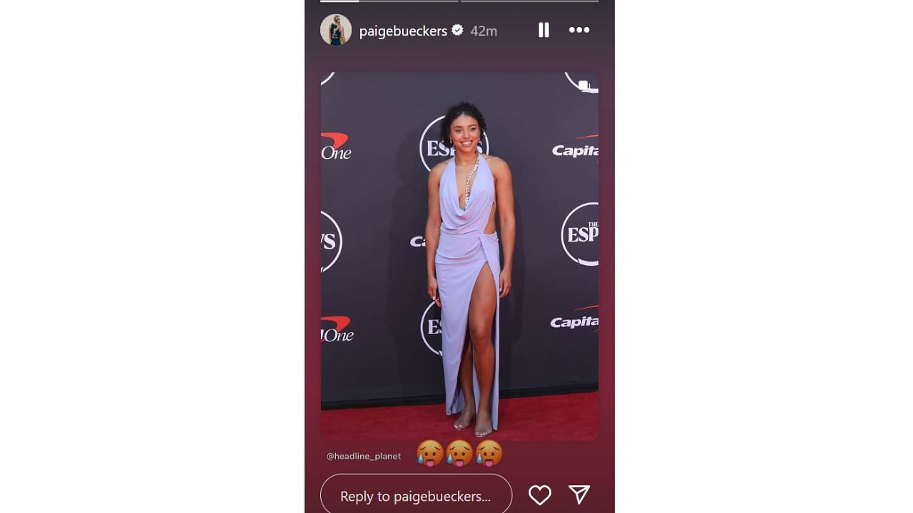 Paige Bueckers reacts to girlfriend Azzi Fudd&#039;s red carpet appearance at the ESPYs on Wednesday. [photo: @paigebueckers/IG]