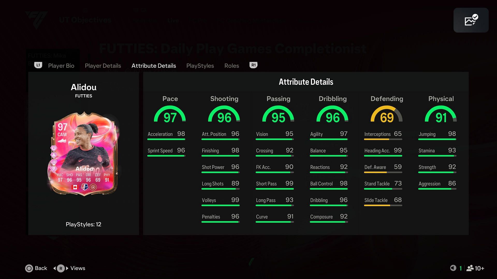 Stats of Futties Marie-Yasmine Alidou (Images via EA Sports / SK Gaming)