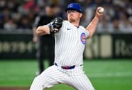 Jordan Wicks in action against the Hanshin Tigers during a Cubs exhibition game in Tokyo, Japan - Source: Getty