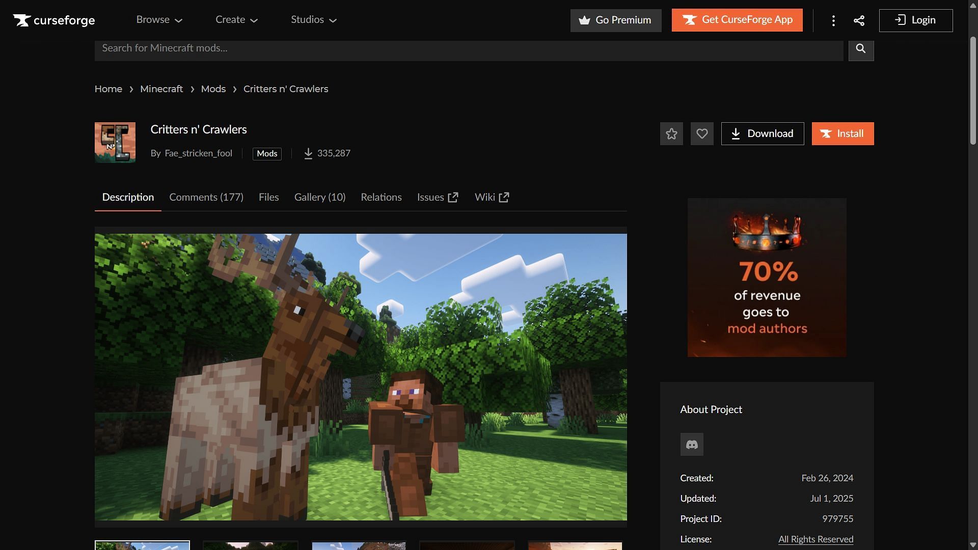 Critters n Crawlers can be downloaded from the CurseForge website (Image via CurseForge/Fae_stricken_fool)