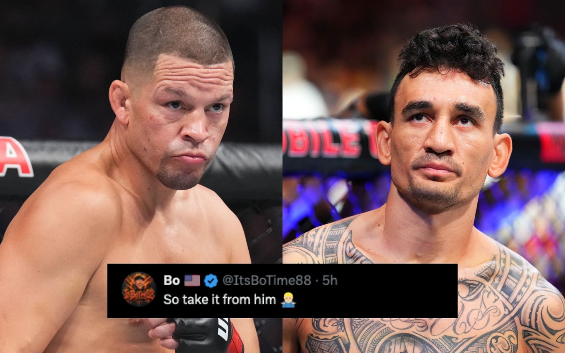 Fans on Nate Diaz (left) questioning Max Holloway