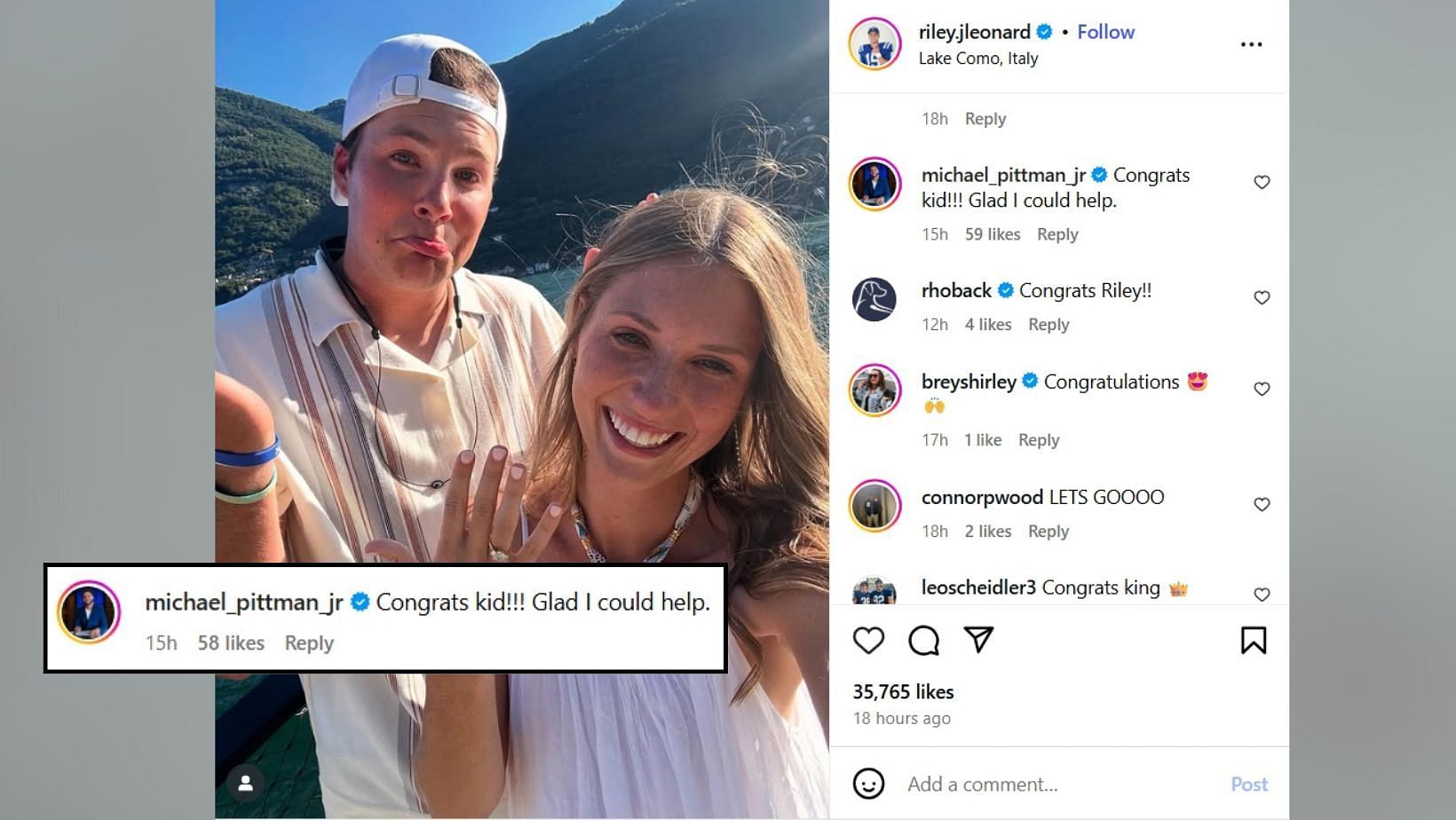 Riley Leonard admits accidentally injuring GF Molly Walding right before the engagement at Lake Como (Image Credit: Leonard/IG)
