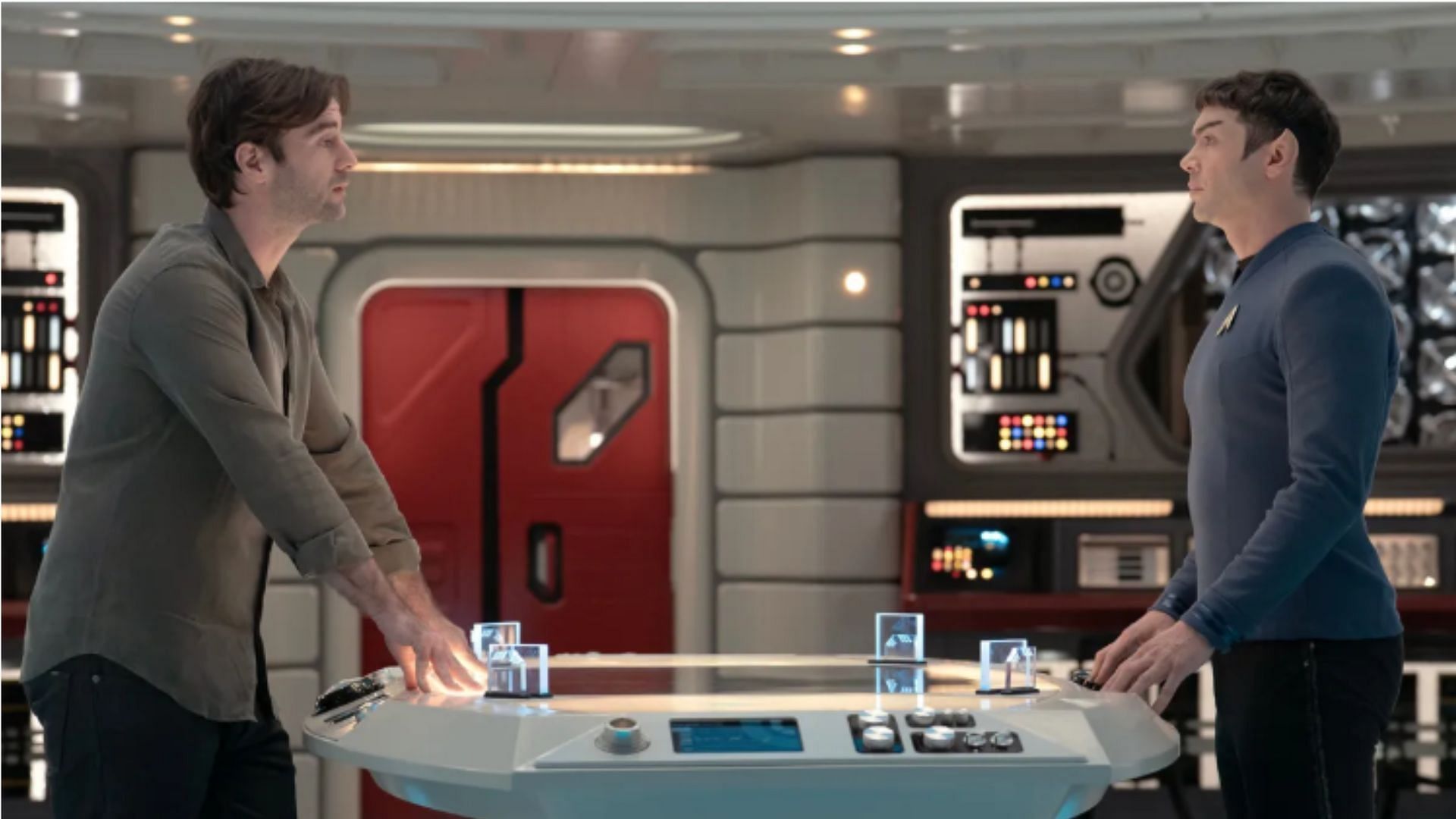 Dr. Roger Korby&rsquo;s and Spock in Star Trek: Strange New Worlds season 3 (Image via Paramount+)