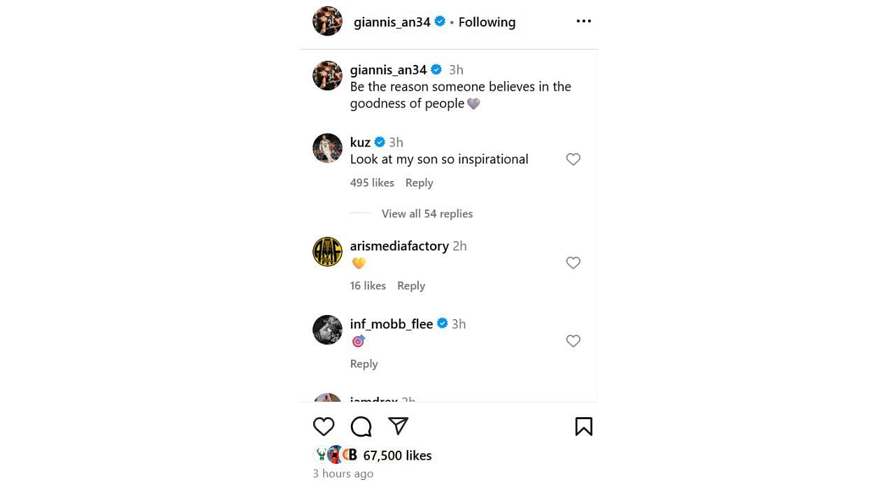 Kyle Kuzma trolling his Milwaukee Bucks teammate Giannis Antetokounmpo on Instagram. [photo: @giannis_an34/IG]