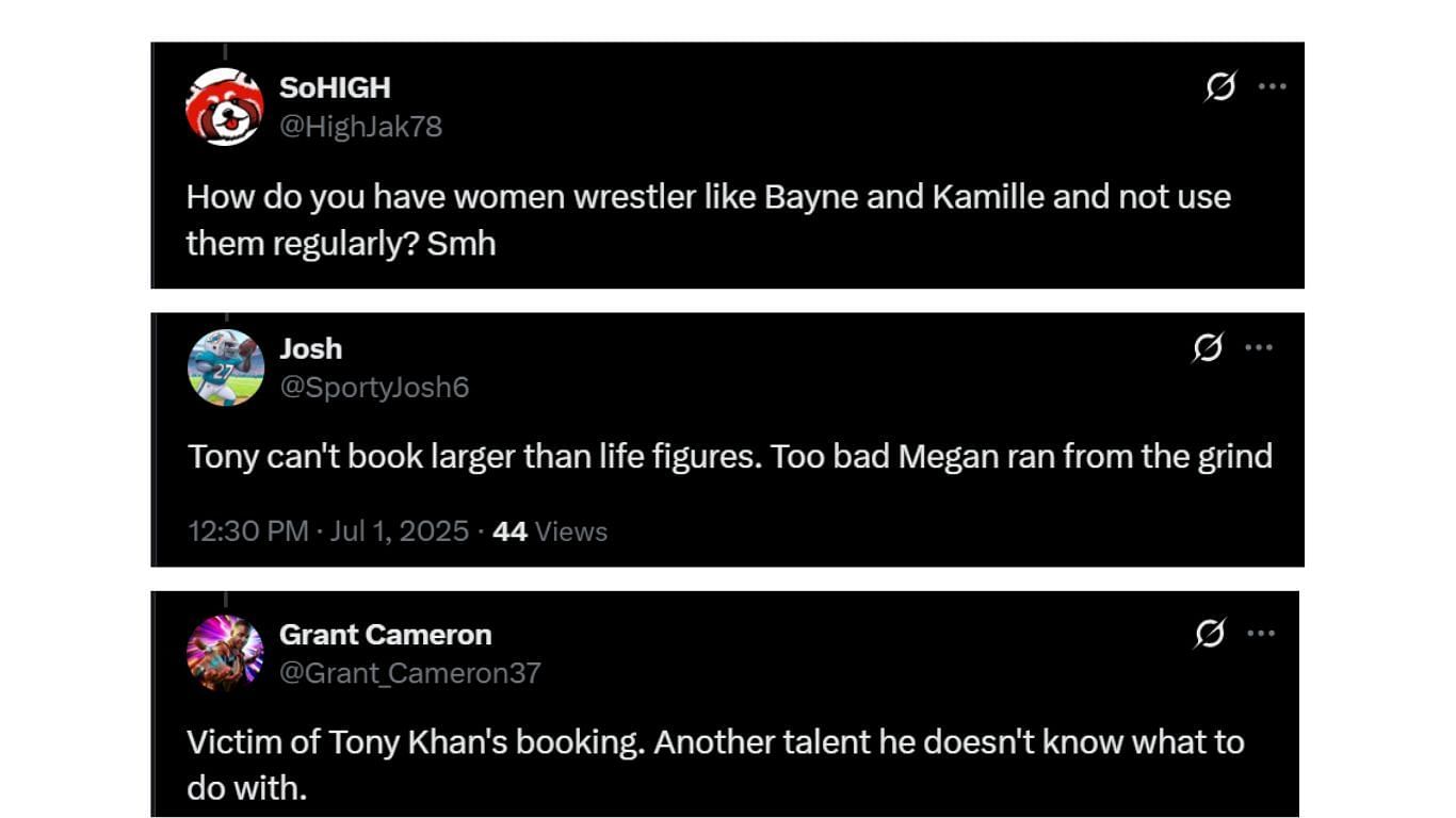Fans comment on Megan Bayne&#039;s AEW booking. [Images via @JobberNationTV&#039;s X]