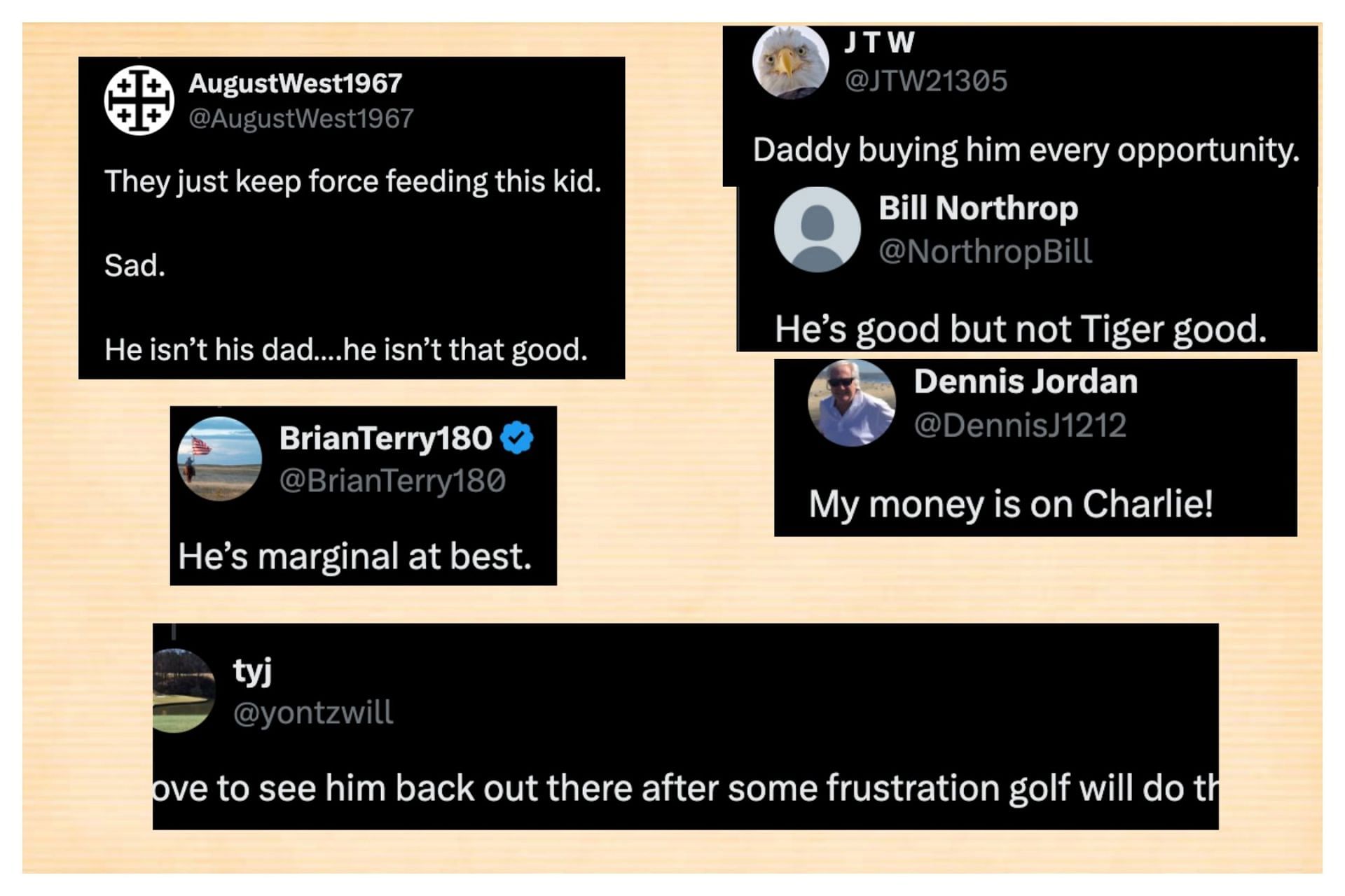 Fans react to Charlie Woods&#039; performance at Junior PGA Championship (Image via x@BrianTerry180, x@NorthropBill, x@JTW21305, x@DennisJ1212, x@AugustWest1967, x@yontzwill)