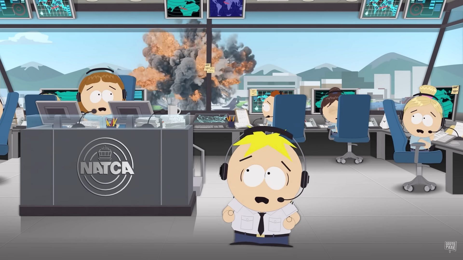 Butters stands in an air traffic control room with a blast visible through the window in South Park season 27 trailer.