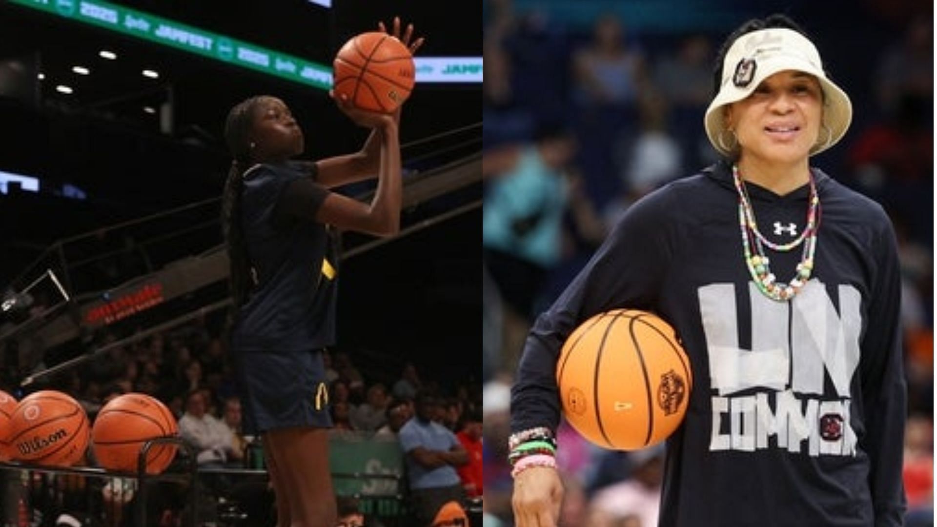 South Carolina freshman commit Agot Makeer and coach Dawn Staley (Image Source: IMAGN)