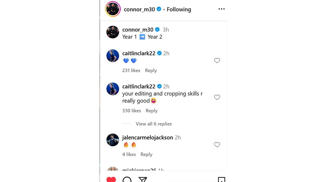 Caitlin Clark reacts to Connor McCaffery&#039;s IG photos on Monday. [photo: @connor_m30/IG]