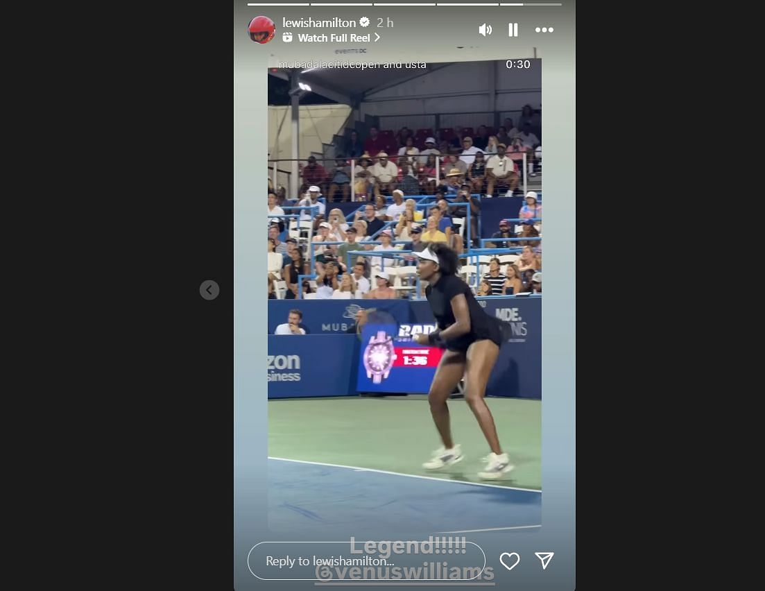 Lewis Hamilton&#039;s story of Venus Williams&#039; DC Open win - Source: via @lewishamilton on Instagram
