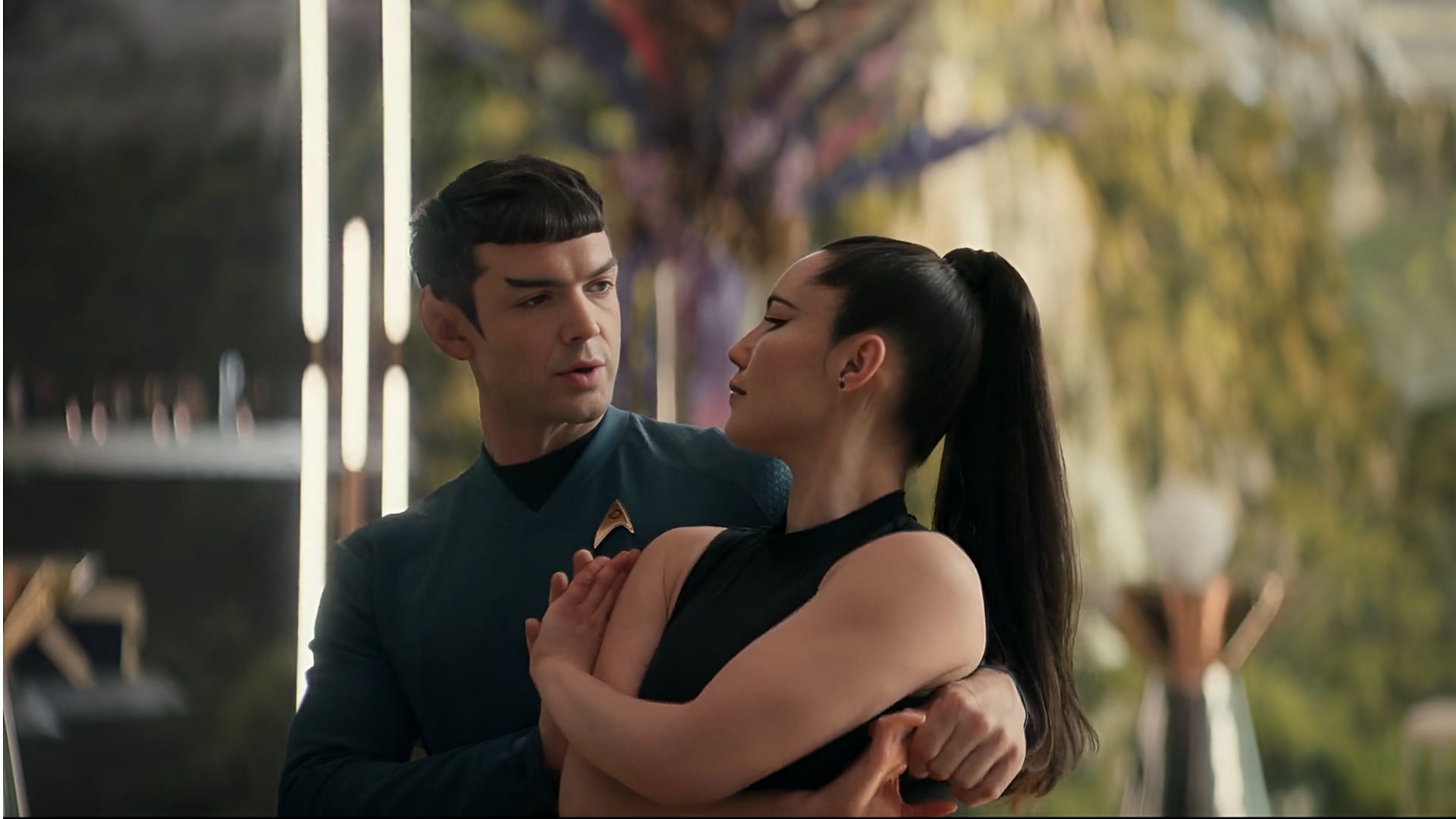 Spock and La&rsquo;an share a dance in Star Trek: Strange New Worlds season 3 episode 2, signaling a shift in their evolving relationship. (Image via Paramount+)