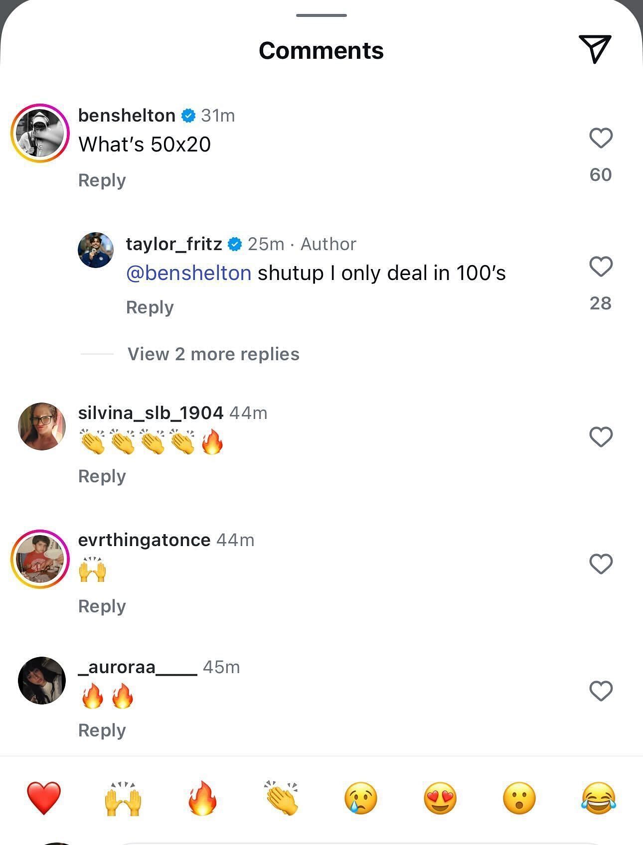 Fritz&#039;s comment section (@taylor_fritz/IG)