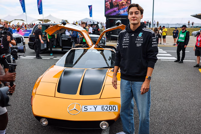 George Russell turns up to Silverstone in a Mercedes C111 ahead of the F1 British GP
