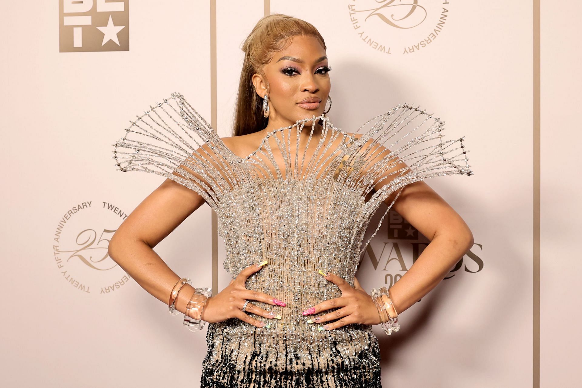 Drew Sidora poses in the press room during the 2025 BET Awards (Image via Getty)