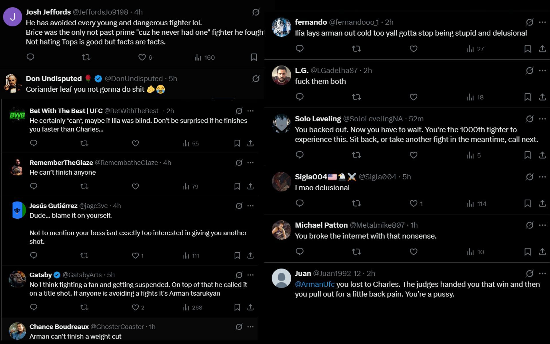 Fans react to Arman Tsarukyan claiming that Ilia Topuria is avoiding a fight with him. [Screenshots courtesy: @MMAFighting on X]