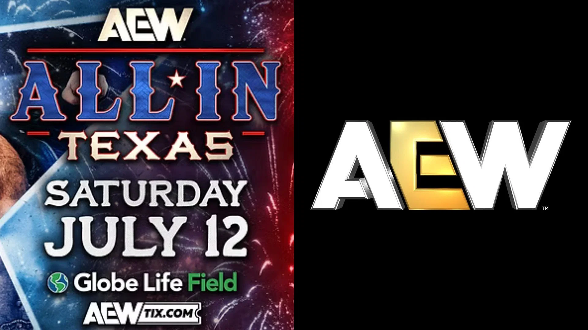 AEW All In logo (left) and AEW logo (right). (Image credits: allelitewrestling.com &amp; AEW Facebook page)