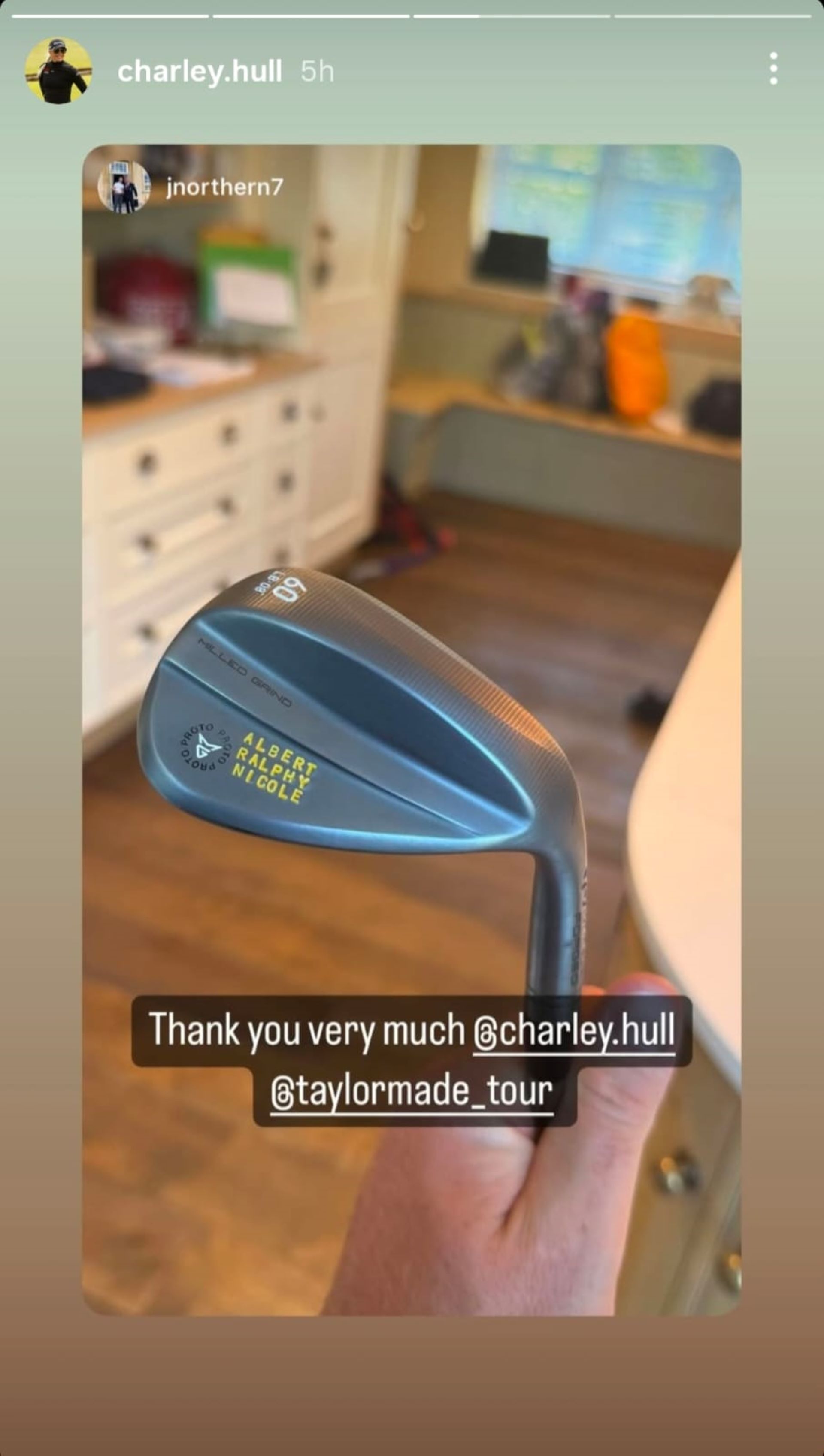 Charley Hull reshared James Northern’s Instagram story showing the custom wedge she gifted him (via @charley.hull)