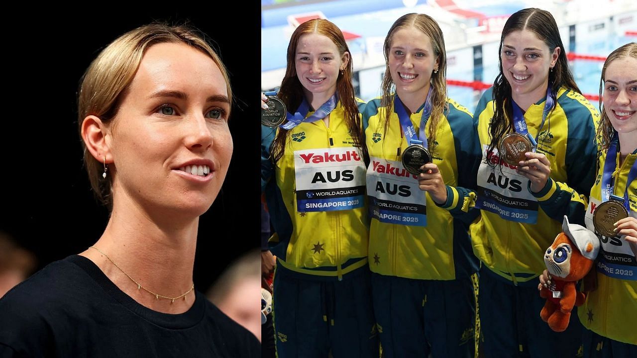 Emma McKeon and Australian 4x100m free relay team (Image via: Both Getty)
