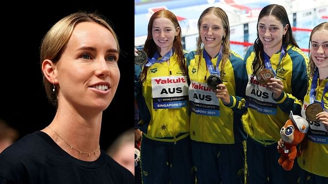 Emma McKeon reacts as Australian team featuring Mollie O’Callaghan beats USA to win gold in freestyle relay at World Championships