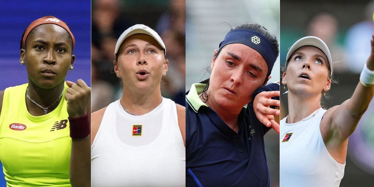 Coco Gauff (L), Amanda Anisimova (Center-L), Paula Badosa (R) react to Ons Jabeur (Center-Right)