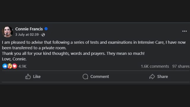 Connie Francis shares her health update (image via Facebook)