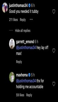 Justin Thomas comments on Max Homa's post - Source: via @maxhoma on Instagram
