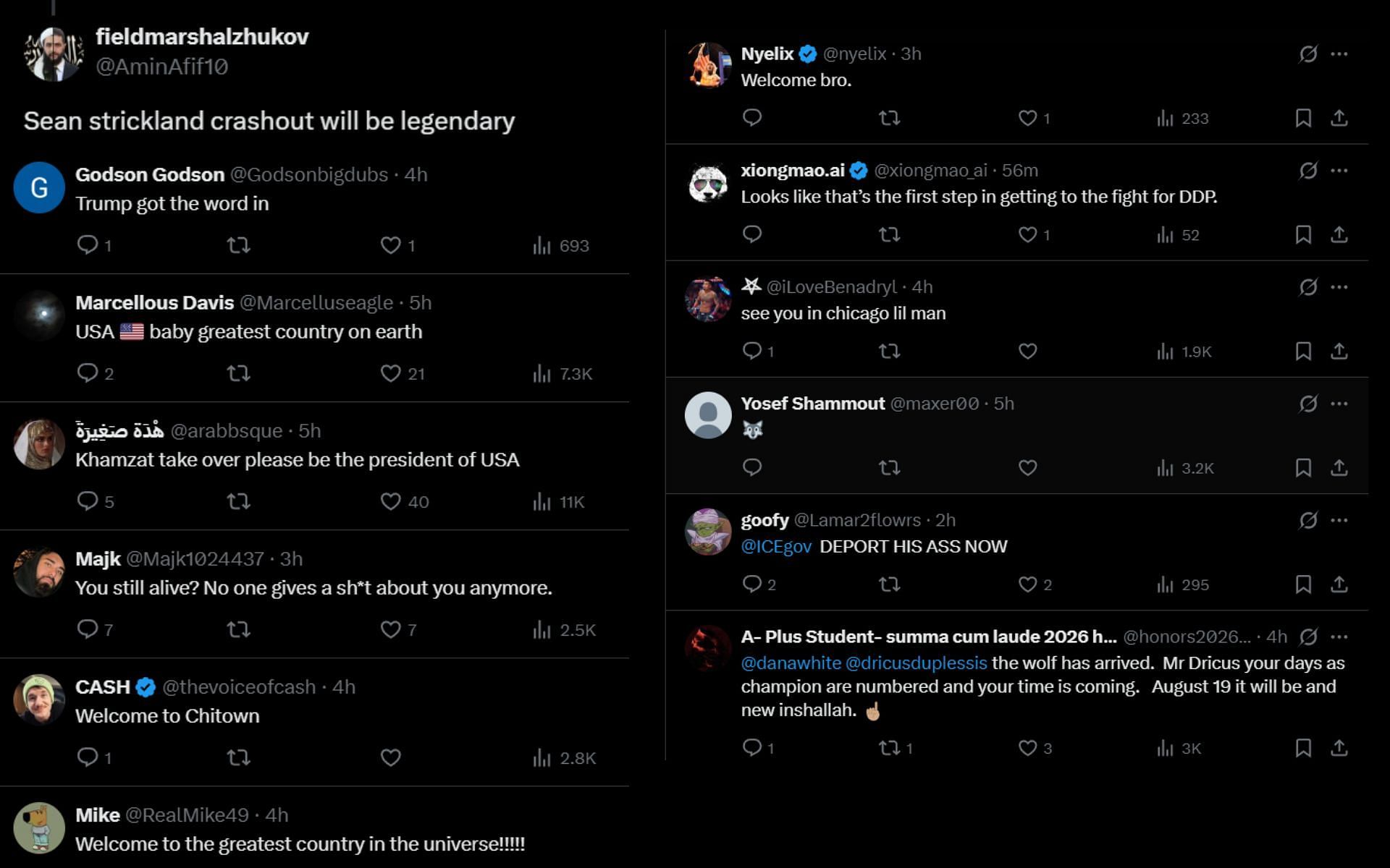 Fans react to Khamzat Chimaev arriving in the United States ahead of UFC 319. [Screenshots courtesy: @KChimaev on X]