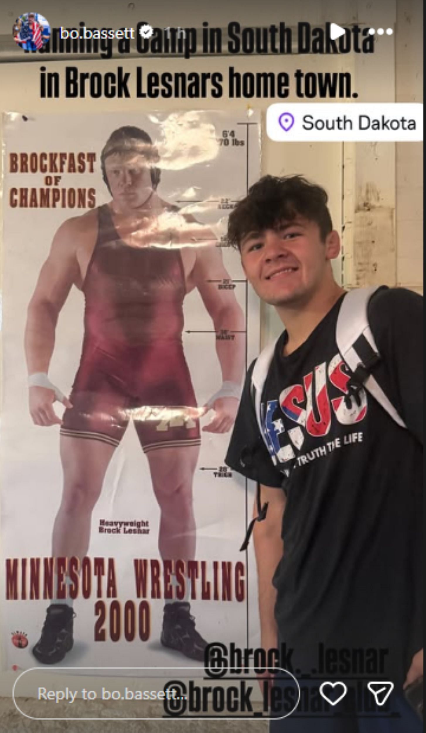 Bo Bassett posing with Lesnar&#039;s image from Minnesota Wrestling [Image Source: Bo Bassett&#039;s Instagram]