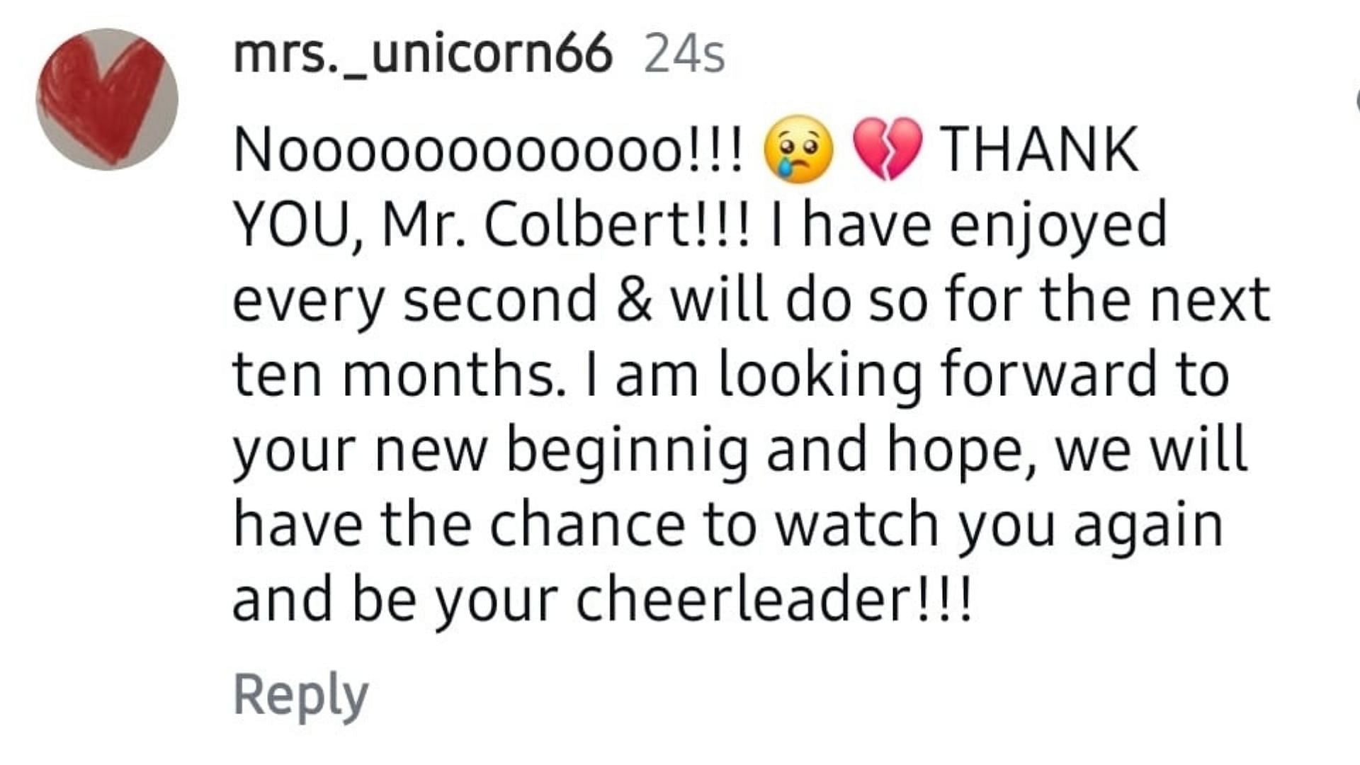 Screenshot of a fan comment on the announcement (Image via Instagram/@colbertlateshow)