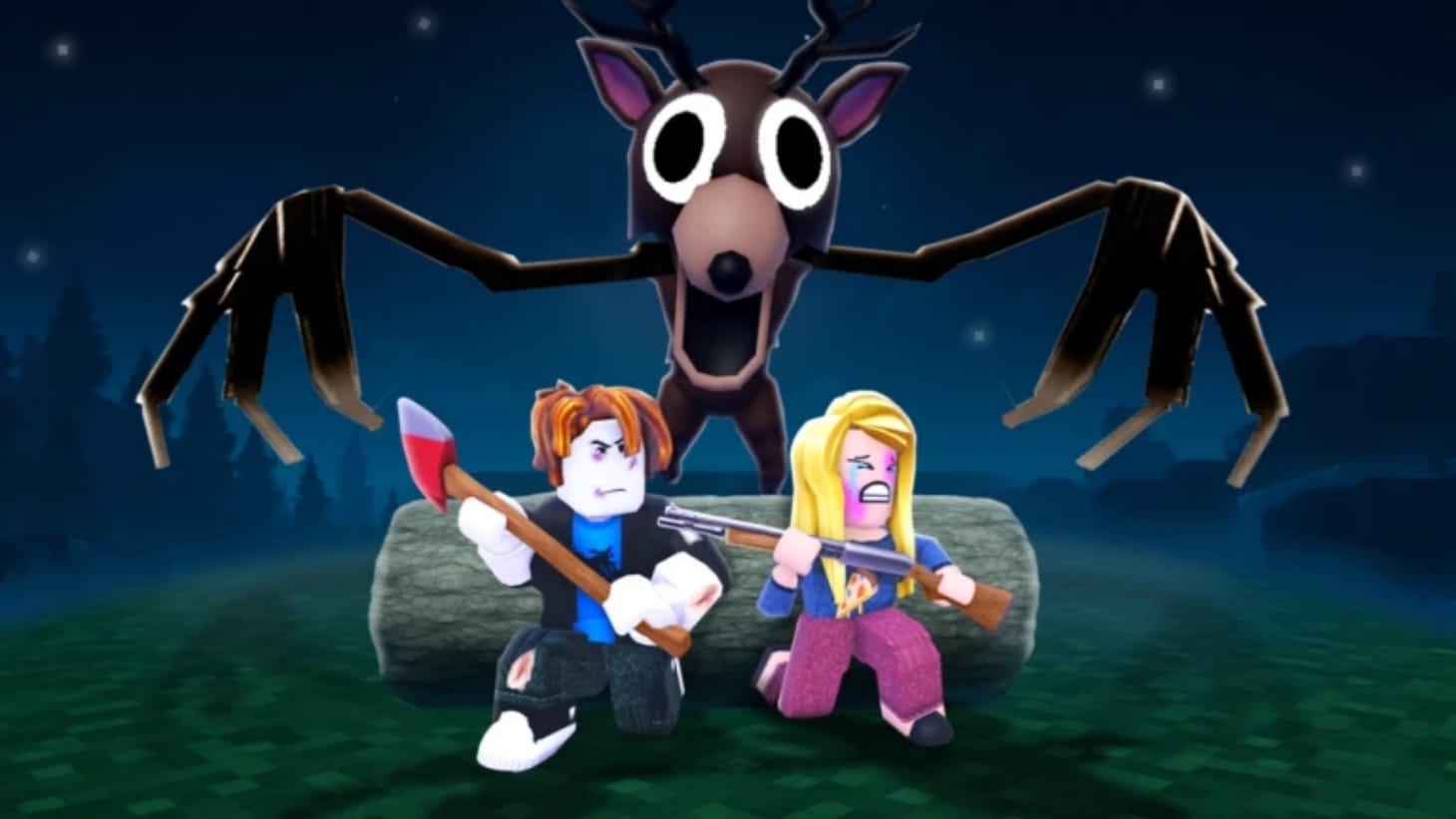99 Nights in the Forest character reference The Deer and Roblox survivors in a forest setting, representing a horror-game world connected to The Hollow