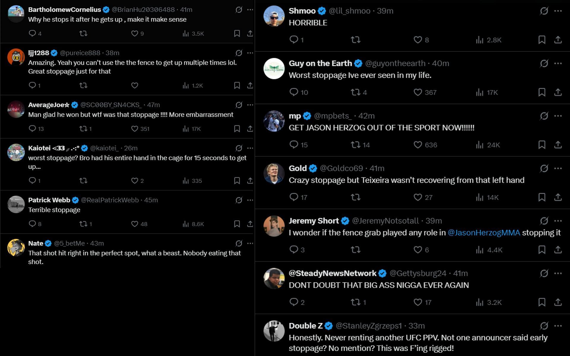 Fans react to Derrick Lewis&#039; stoppage win against Tallison Teixeira. [Screenshots courtesy: @ufc on X]