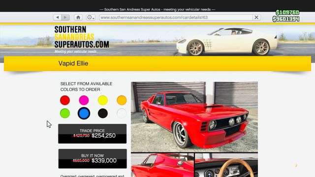 Ellie's page on Southern San Andreas Super Autos with an active discount (Image via Rockstar Games)